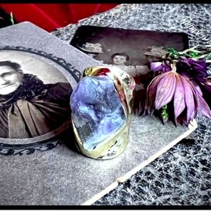 NWT Silvertone Cigar Style Ring Set w/Lg Purple Fluorite Stone